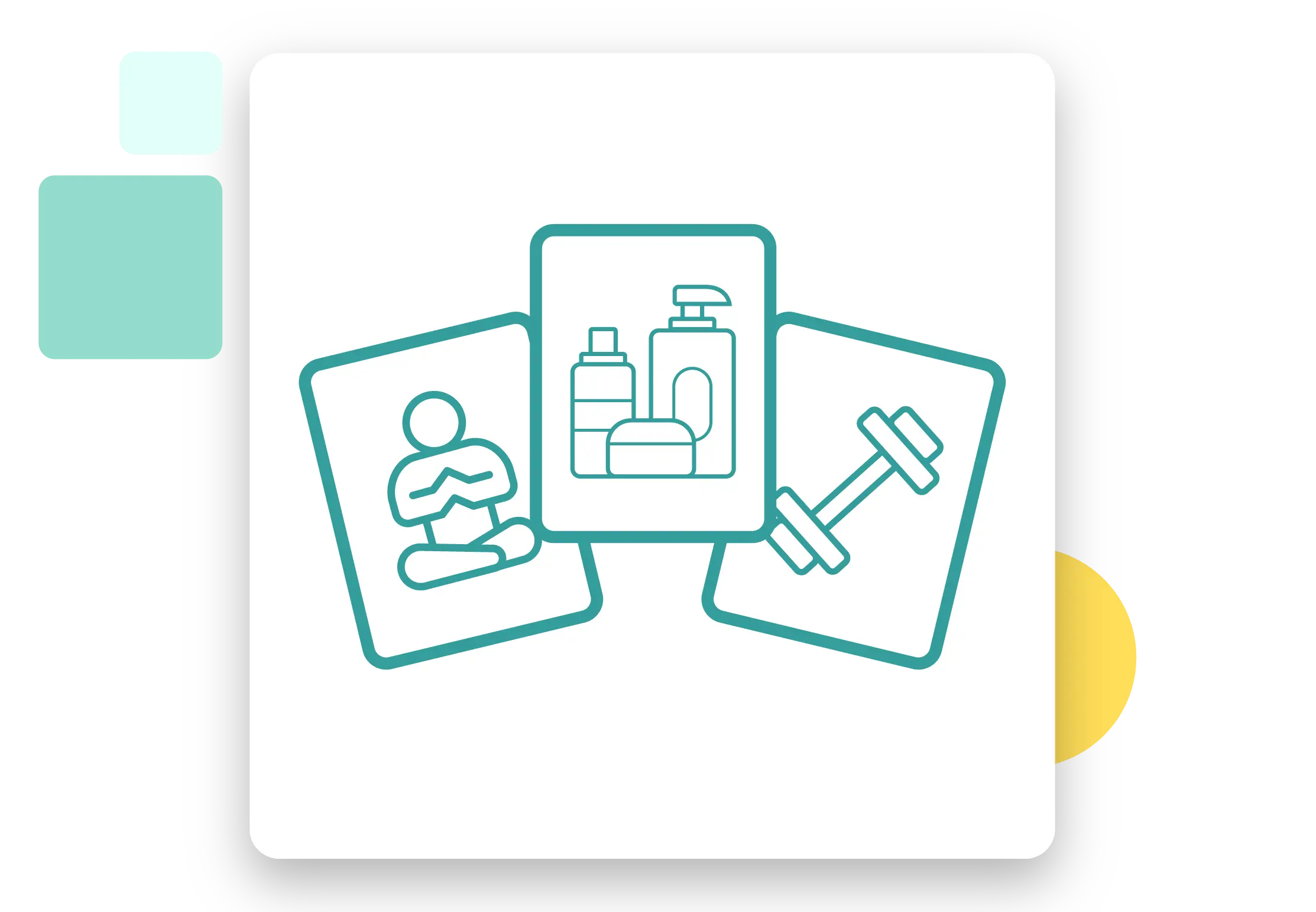 Icon of three cards with meditation, cosmetics and dumbbell